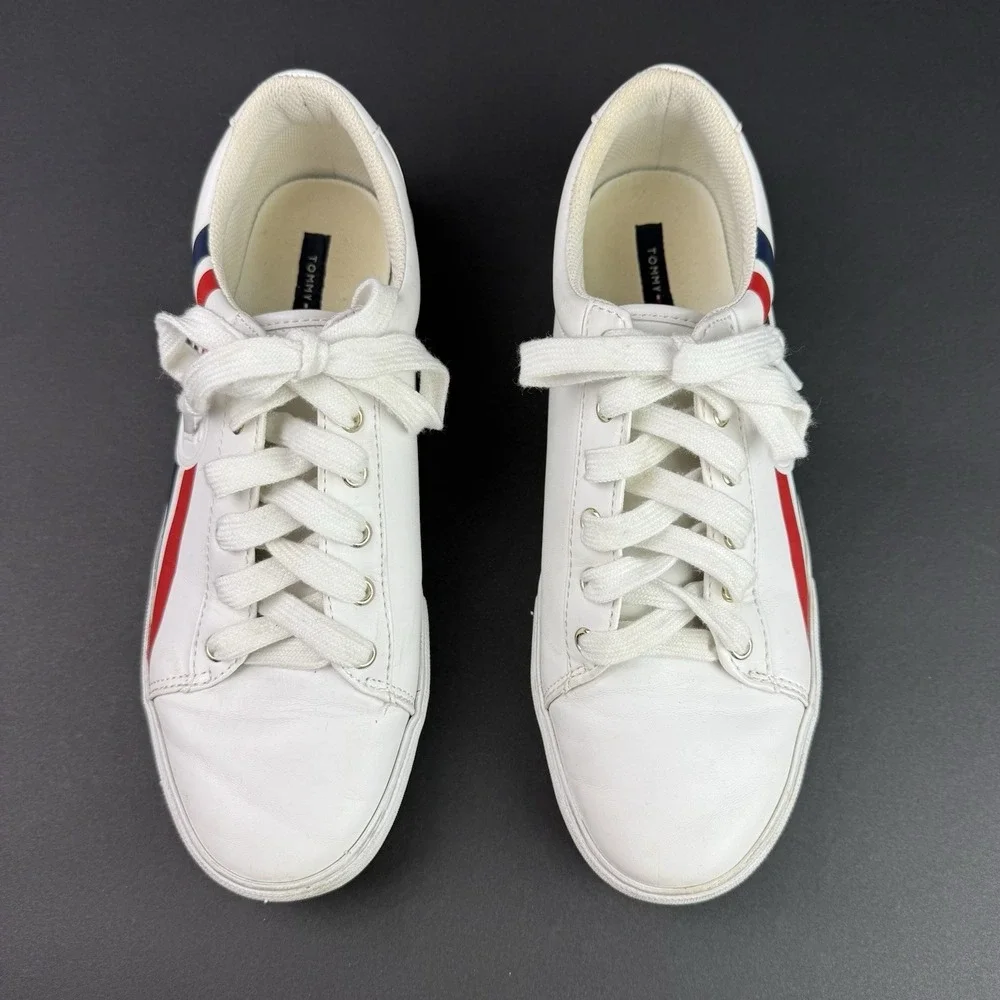 Tommy Hilfiger Lindee Logo Sneakers White Red Blue‎ Logo Stripe Women's Size 9.5